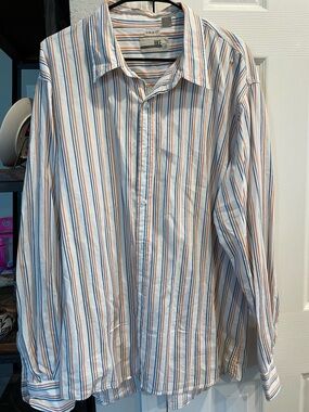 BKE button up long sleeve Regular Fit orange blue pinstriped 100% Cotton shirt
